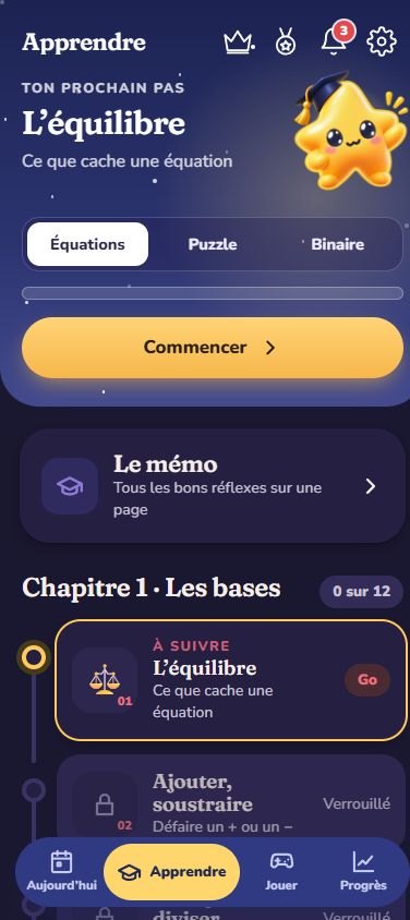 Écran Apprendre : Nova en professeur, le mémo et le chapitre 1, Les bases
