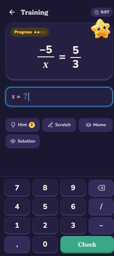 Practice screen: an equation to solve, the keypad, hints, scratchpad and solution