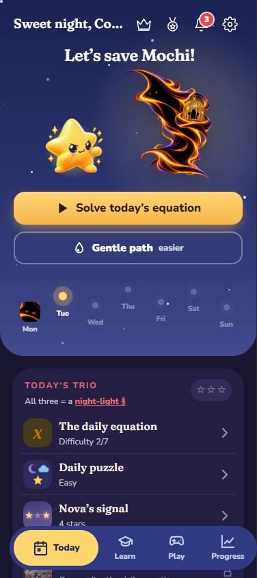 Home screen: Nova facing Zero, the Solve today's equation button and today's trio