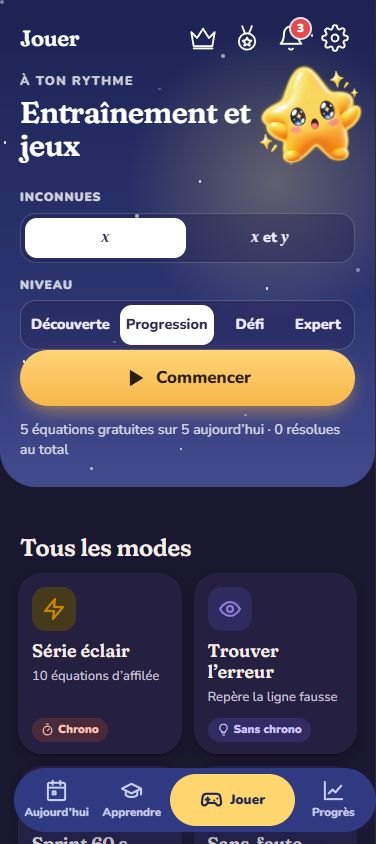 Écran Jouer : choix des inconnues et du niveau, série éclair, trouver l'erreur