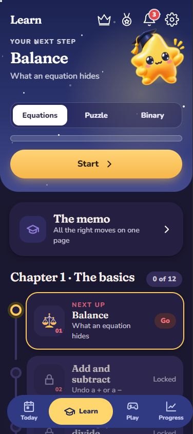 Learn screen: Nova as a teacher, the memo and chapter 1, The basics