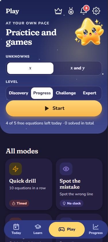 Play screen: choice of unknowns and level, sprint, spot the mistake